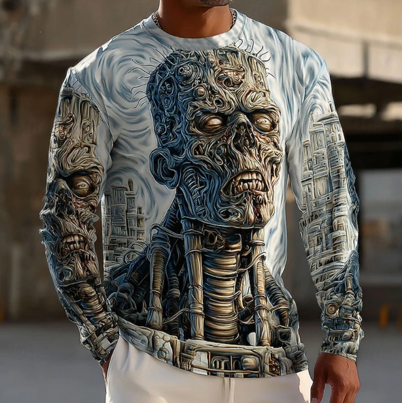 GMABCD Men's Skull Graphic Long-Sleeve T-Shirt – Halloween Print Crewneck - detail 5