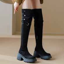 高跟过膝长靴加绒毛毛棉靴女鞋2025新款秋冬季小个子长筒骑士靴子
