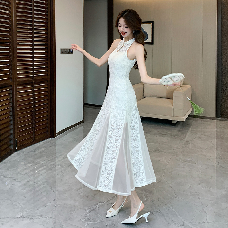 Spring and Summer New Style New Chinese Style National Style Lace Mesh Splicing Improved Cheongsam Dress Fishtail Long Skirt