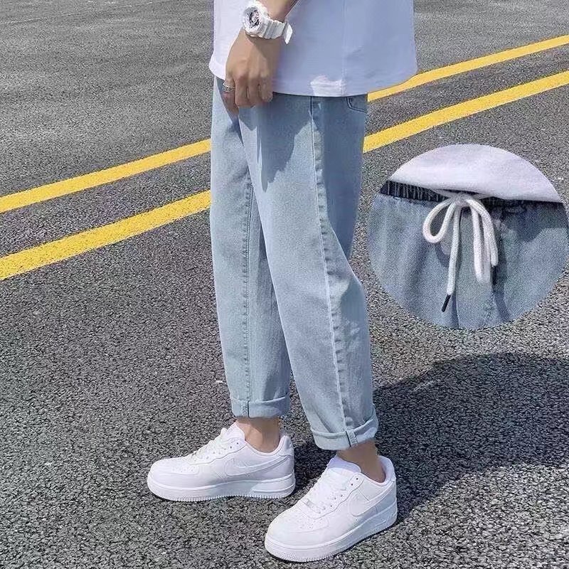 Straight Leg Wide Leg Jeans Men's Solid Color All-match Ankle-length Pants Loose Korean Style Trendy Torre Casual Light Color Casual Pants