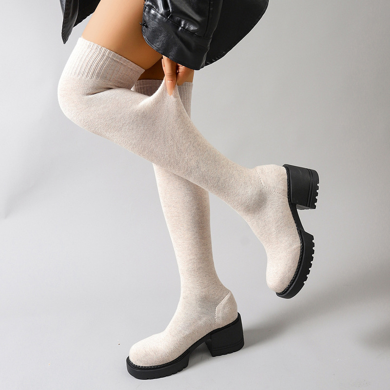 Foreign Trade Large Size High-Heeled Fashion Boots for Women 2025 New Knitted Elastic Heightening Stockings Boots Fashionable Over-The-Knee Boots for Women
