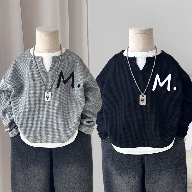 455# (Waffle Knit) Faux Two-Piece Printed Loose-fitting Top for Boys (Middle and Large Children) - Spring and Autumn