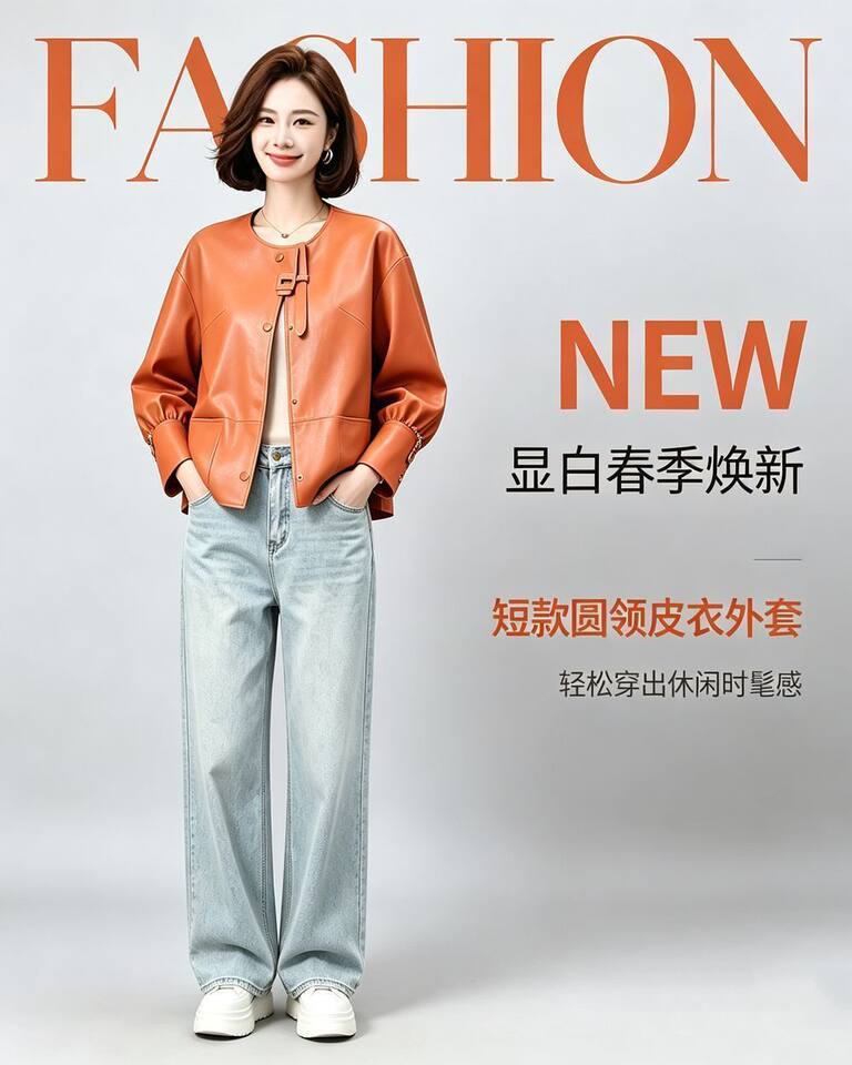 Áo khoác da nữ dáng ngắn ôm vừa, cổ lập, tay dài, phong cách thanh lịch — Cam Hermès, đen chi tiết 1