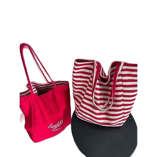2025 Summer Striped Canvas Tote Bag, Korean Ins Lazy Style Shoulder Bag for Students, Large Capacity Casual Women's Bag