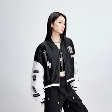 拓谷美式潮牌棒球服女春季新款街头夹克外套羊角袖徽章短款上衣女