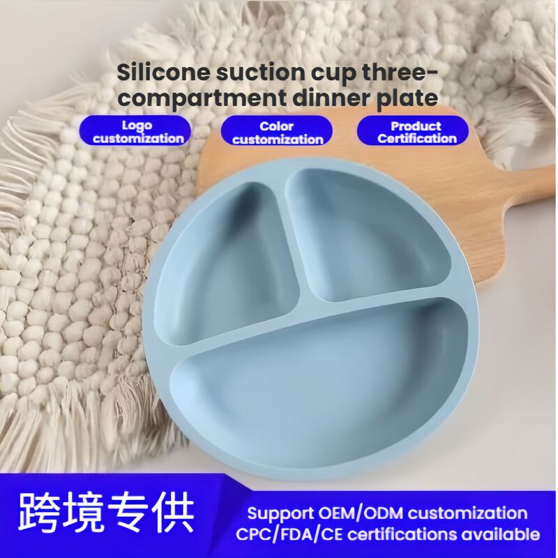 New Children's Silicone Dinner Plate with Round Smiley Face Design, Suction Cup Style, Baby Food Set, Divided Plate