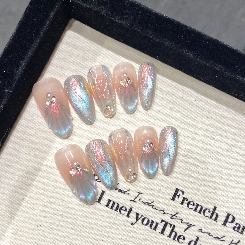 [Mermaid Micro Dream] Pure Hand-worn Armor High-end Phototherapy Nail Art Removable Fake Nail Paste for White Temperament