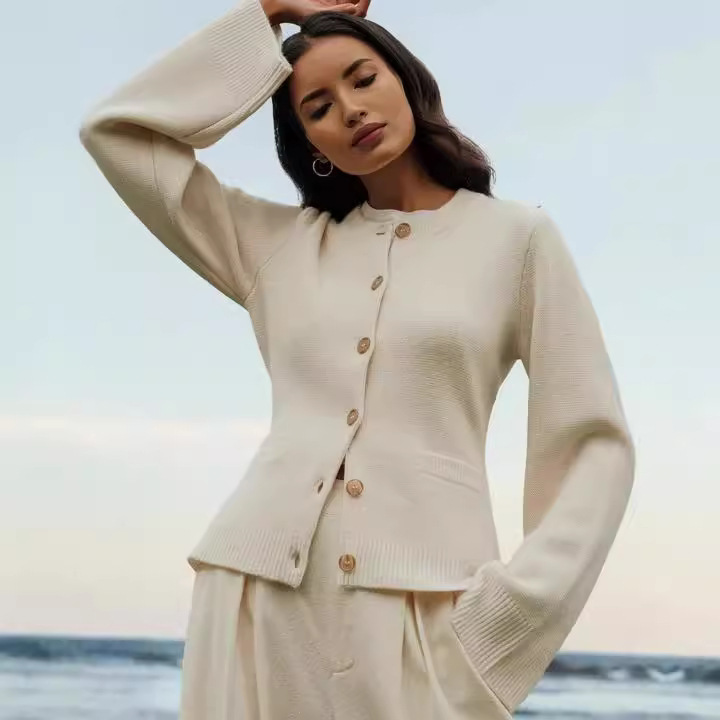 欧美外贸跨境独立站针织开衫外套女慵懒风收腰圆领毛衣女装春秋季