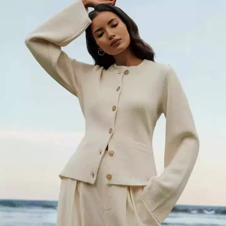 欧美外贸跨境独立站针织开衫外套女慵懒风收腰圆领毛衣春秋季上衣