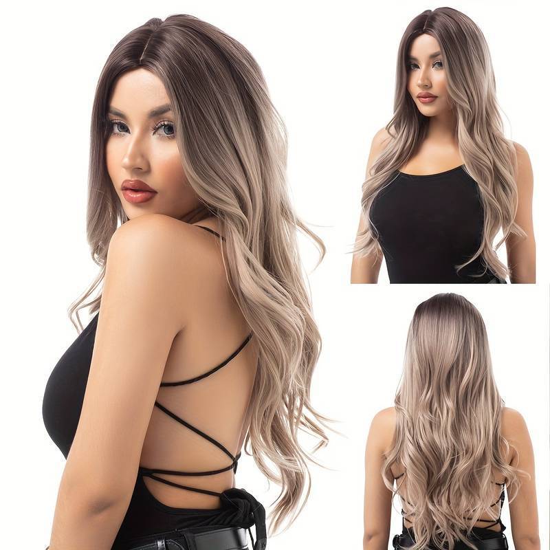 66.04 synthetic gradient gray blonde brown wig natural wavy long hair Women's wig