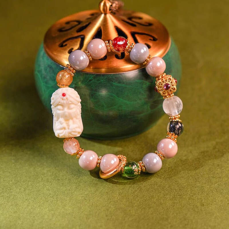 Temple-Style Glass Bracelet with Zajiram Multi-Treasure Box, Auspicious Cloud Running Ring, Gray Porcelain Glass Bracelet, Fortune-Telling Amulet Temple-Style Glass Bracelet with Zajiram Multi-Treasure Box, Auspicious Cloud Running Ring, Gray Porcelain Glass Bracelet, Fortune-Telling Amulet