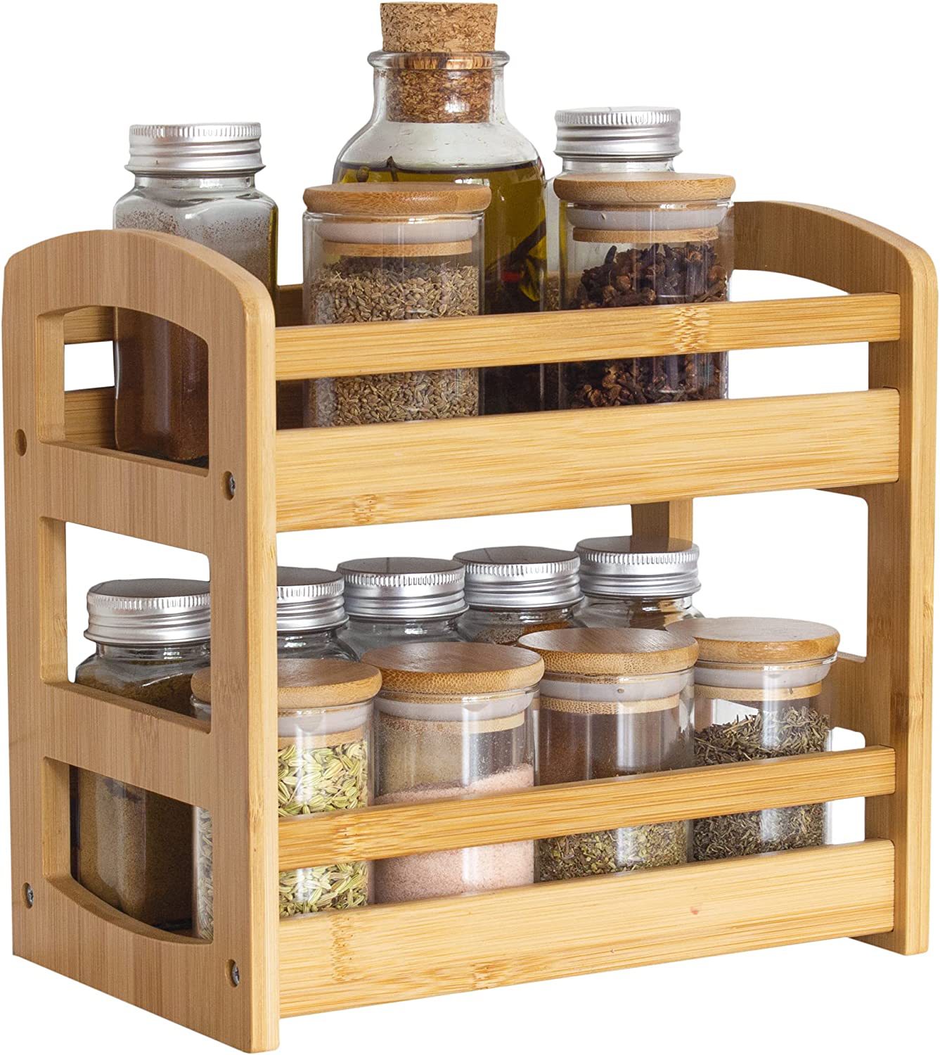 Solid wood double -layer seasonings desktop tablet flavor storage rack kitchen condiments finishing cosmetics finishing display rack