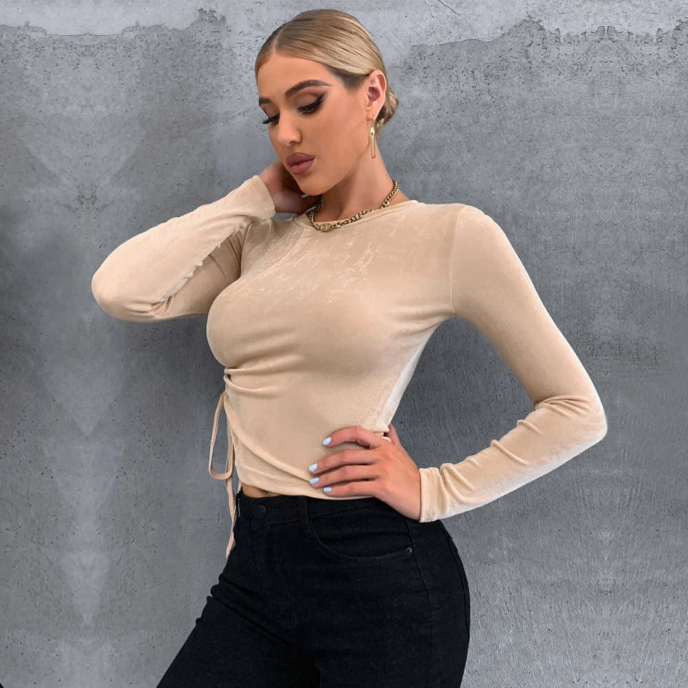Voya Cross-border European And American 2026 New Style Ruched Slim-fit Round-neck Pullover Glossy Long-sleeve T-shirt Knitted_ecoleips.com