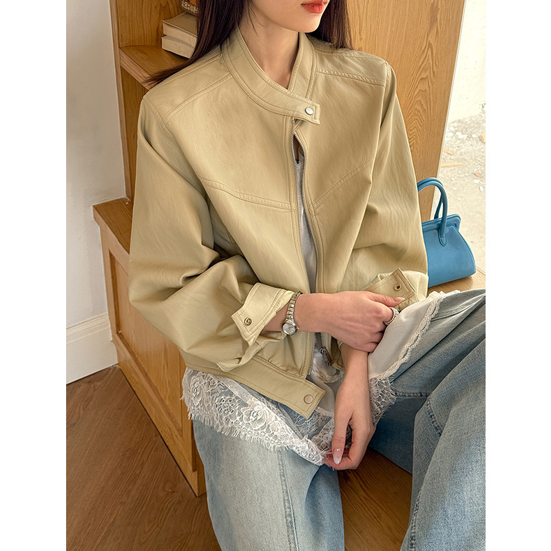 Orange Zhi Spring New Korean Style Short Leather Jacket for Women, Designer Niche Biker Jacket, Regular Shoulder Jacket 8136