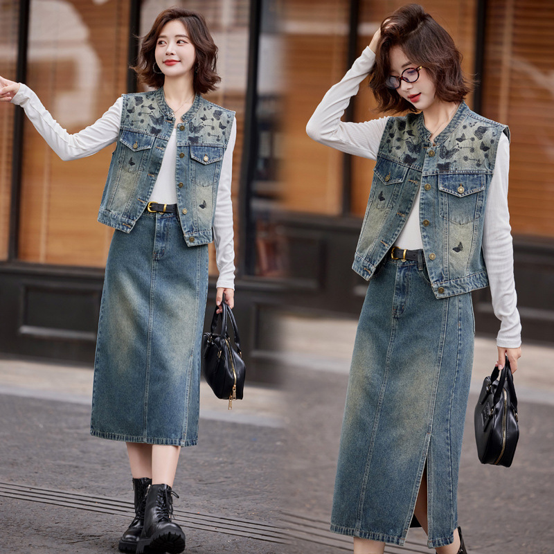 春秋季新款法式蕾丝版开心牛仔系列休闲显瘦中裙套装两件套女装