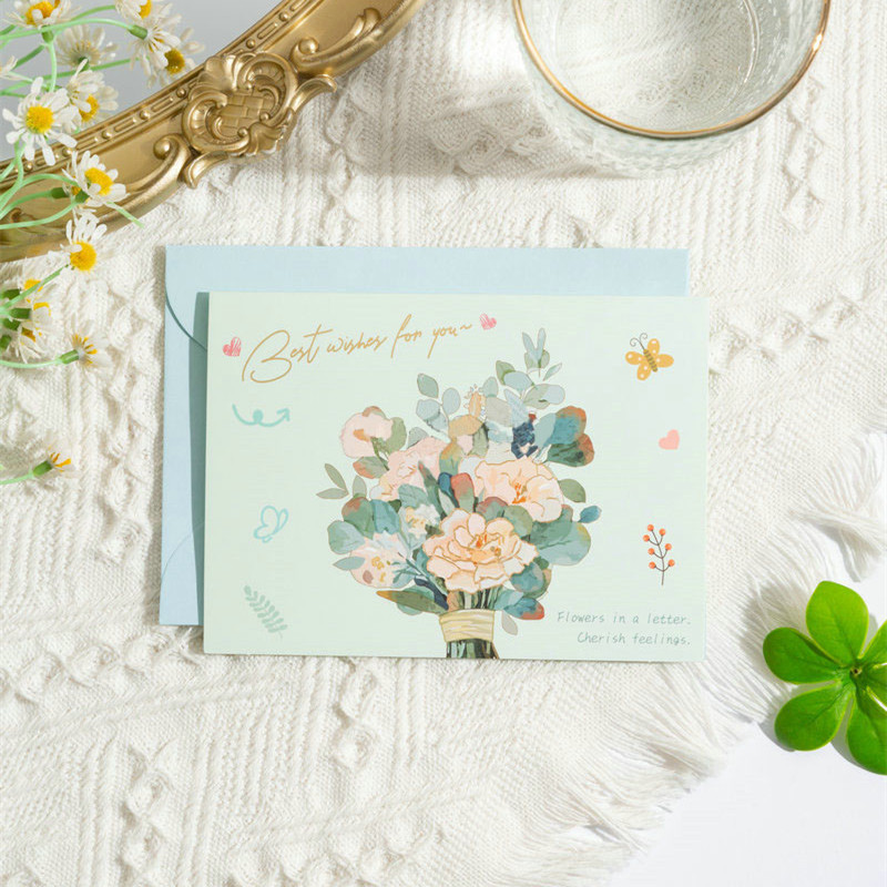 Tarjeta de felicitación con ramo de flores plegado en papel dorado para el Día de la Madre, tarjeta de felicitación con mensaje de bendición de floristería, sobre al por mayor