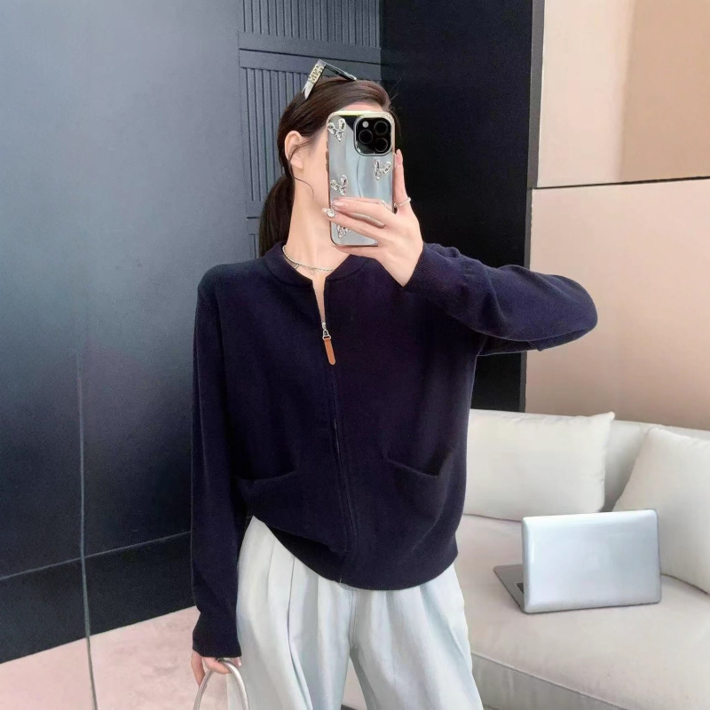 复古慵懒风软糯毛衣外套女秋季2025新款口袋拉链极简显瘦针织上衣|undefined