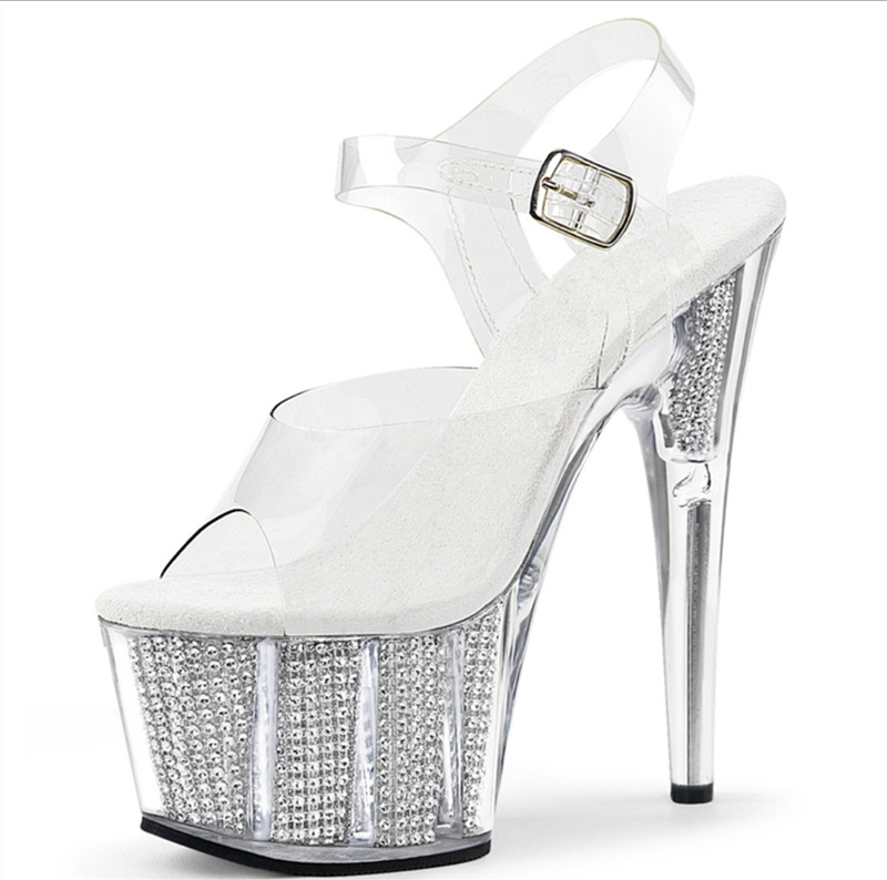 20cm tubo de acero zapatos de tacón antideslizante modelo de desfile zapatos de entrenamiento impermeables especiales de diamante de agua sandalias de cristal transparente image 18