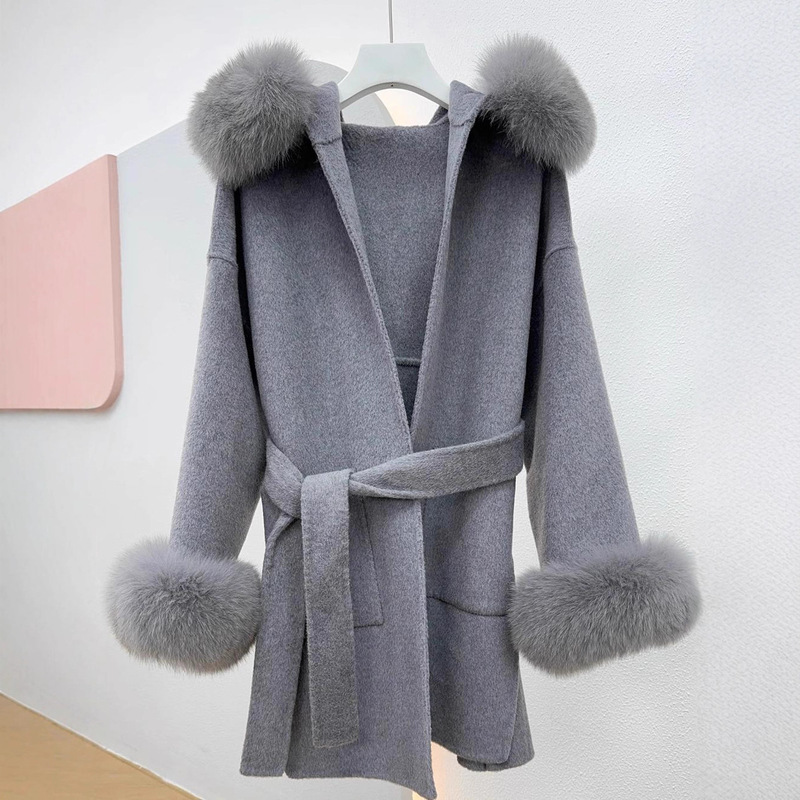 2026 Autumn and Winter New French Double-Sided Cashmere Coat for Women with Fox Fur Collar and Hood, Mid-Length Foreign Trade Fur Coat 2026 Autumn and Winter New French Double-Sided Cashmere Coat for Women with Fox Fur Collar and Hood, Mid-Length Foreign Trade Fur Coat