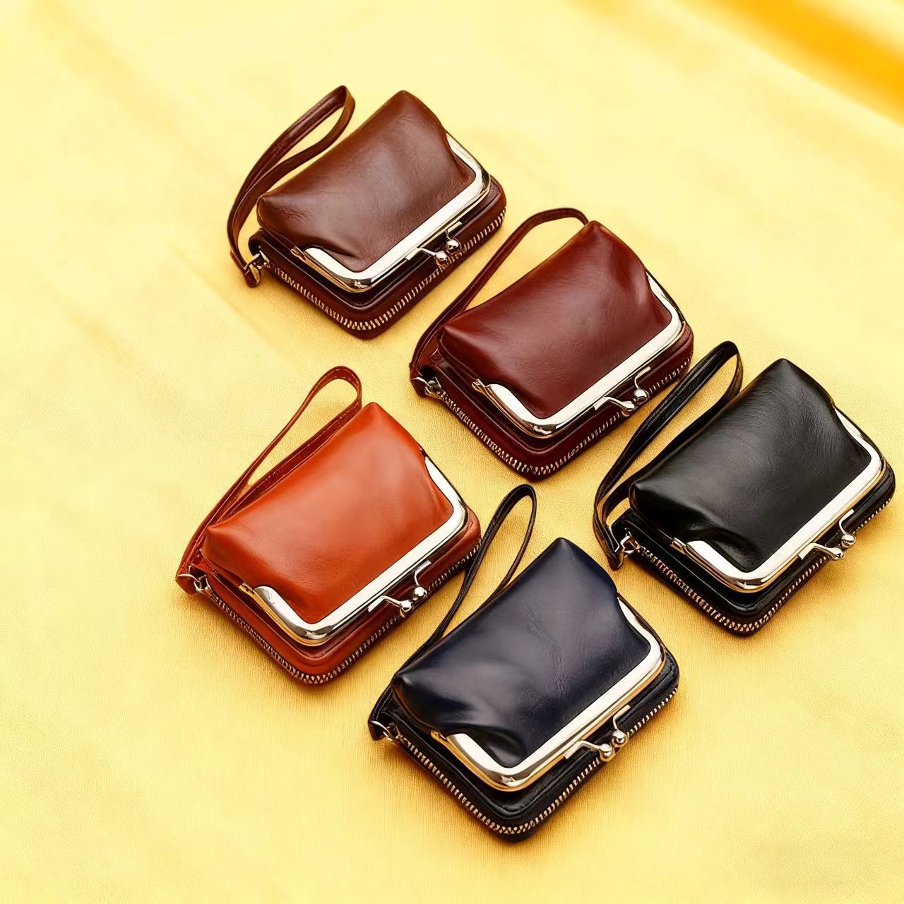 Ready Stock Factory Cross-Border Supply Women's Buckle Coin Purse 4inch Zipper Clip Bag Clutch Bag Retro Bag