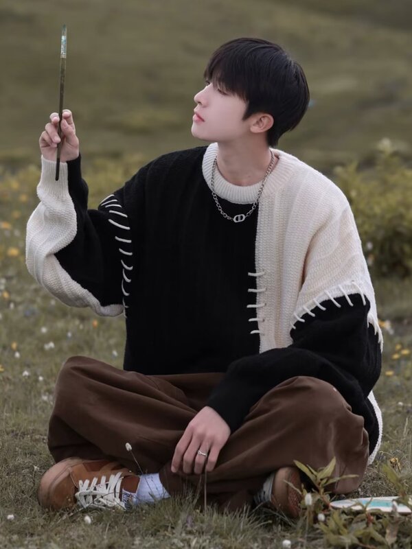 Stitching Contrast Color Sweater Boys Autumn and Winter Fashion Brand Loose Casual Lazy Style Design Sense Niche Pullover Sweater Stitching Contrast Color Sweater Boys Autumn and Winter Fashion Brand Loose Casual Lazy Style Design Sense Niche Pullover Sweater