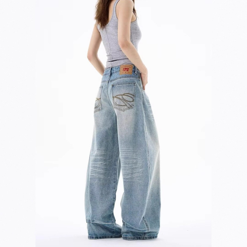 Blue Low-Waist Wide-Leg Jeans for Women in Early Spring New Loose Street Boyfriend Style Drapey Versatile Slimming Straight Pants