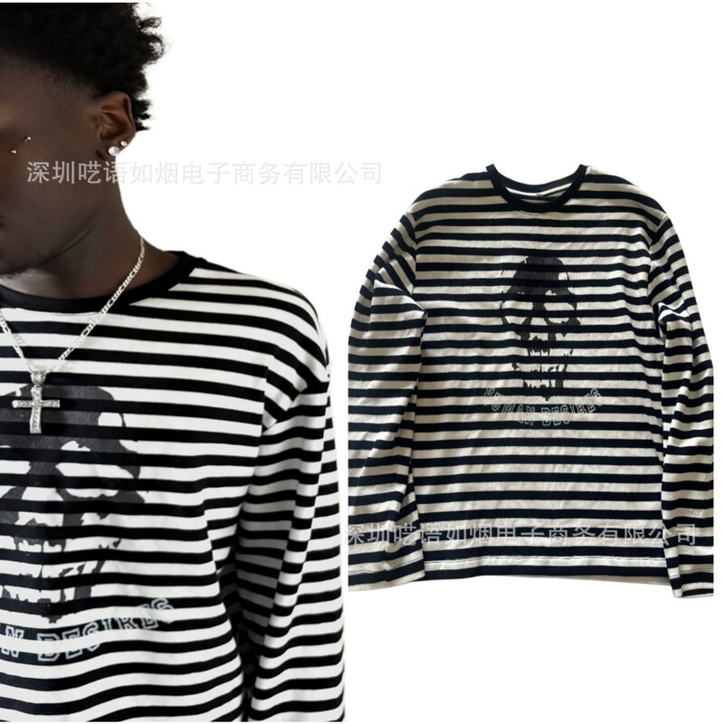 Y2K American Retro Striped Skull Print Long-Sleeved T-Shirt Export Fashion Brand Casual Tops for Men and Women Wholesale