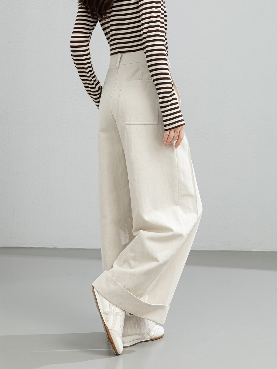 Quần culottes nữ ống rộng cạp cao chất liệu Tencel cotton, dáng suông rủ nhẹ — Xám gạo