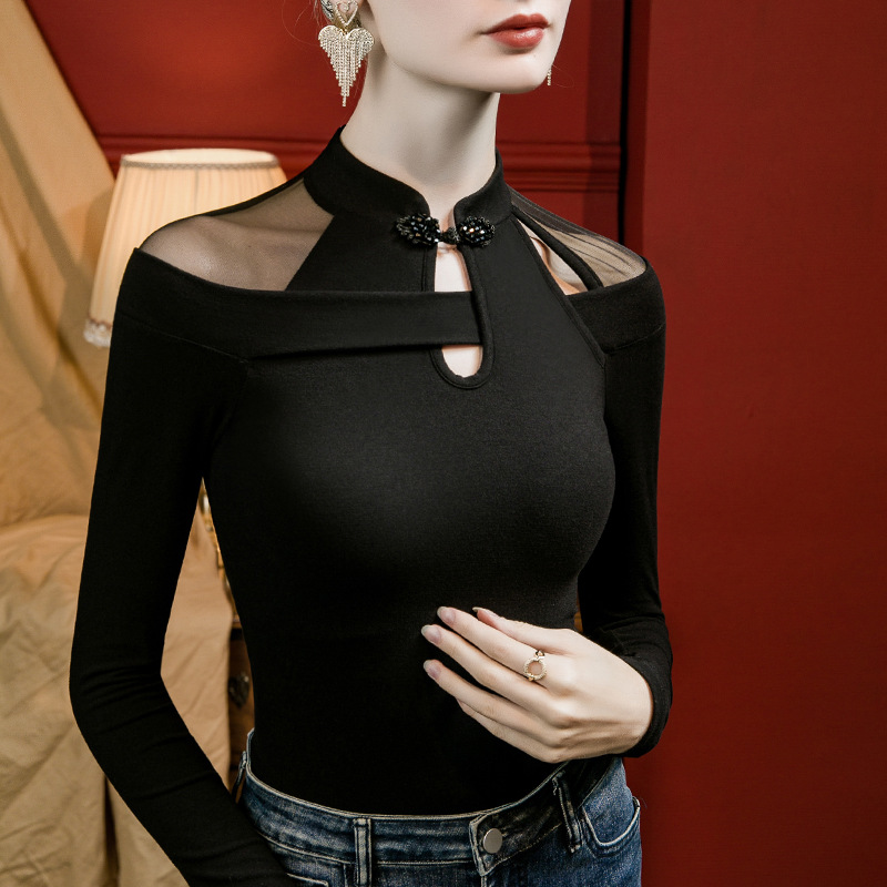 Nuevo estilo hebilla diseño de nicho Otoño e Invierno estilo occidental camisa de fondo Cuello cheongsam estilo chino top de las mujeres slim fit 2023 Otoño image 2