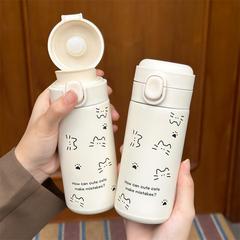 2025新款保温杯线条猫咪弹盖杯卡通水杯情侣不锈钢便携式简约可爱