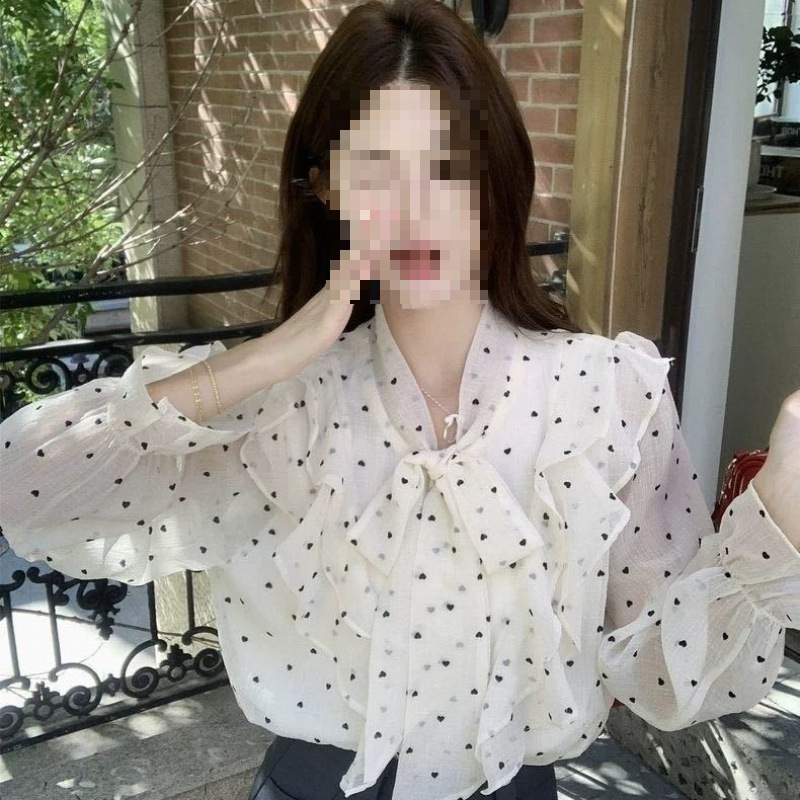 2026 New Style French-Inspired Ruffled Polka Dot Shirt for Women, Spring Design with Tie Straps, Loose and Unique Top 2026 New Style French-Inspired Ruffled Polka Dot Shirt for Women, Spring Design with Tie Straps, Loose and Unique Top