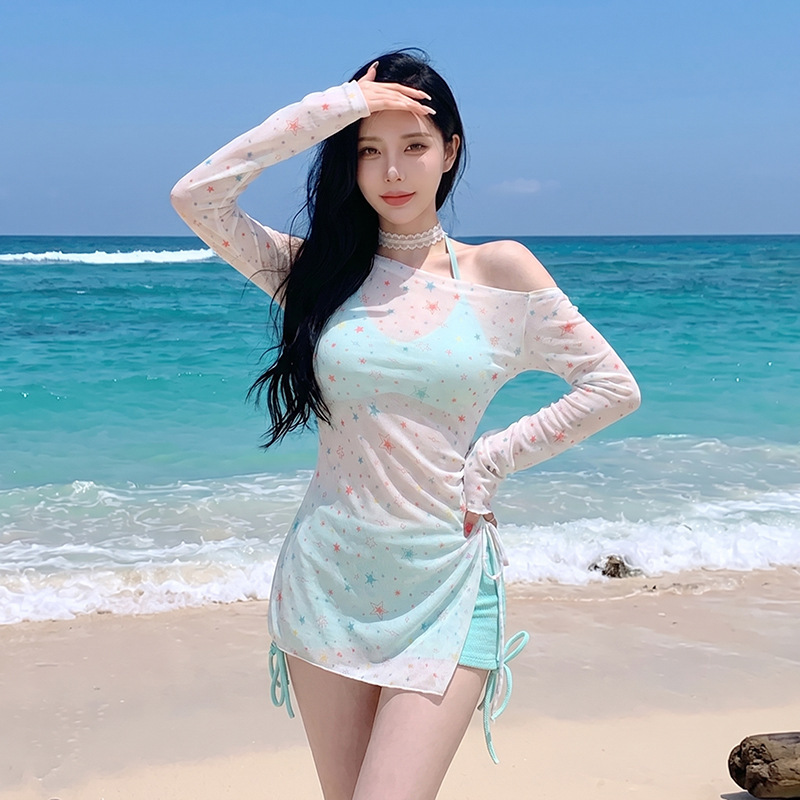 Women's Bikini Swimsuit, High-End Two-Piece Set with Cover-Up, Sun-Protective Three-Piece Set, Sexy for Small Busts, with Square-Cut Bottoms, Suitable for Seaside and Hot Spring Vacations