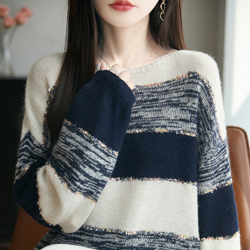 秋冬新款韩系条纹毛衣女慵懒风撞色针织衫时尚设计感打底衫上衣|undefined
