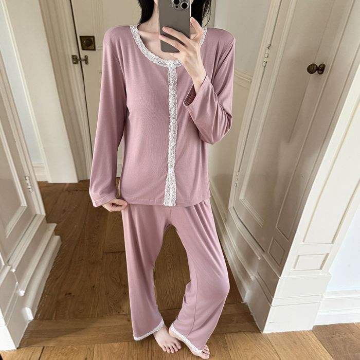 秋冬季带胸垫长袖睡衣女士休闲甜美花边长裤家居服两件套装开衫|undefined
