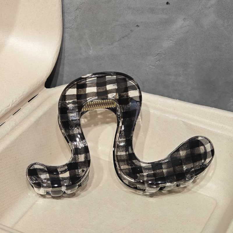 中古感蓝黑色系~百搭格纹亚克力抓夹女发抓后脑勺盘发夹子鲨鱼夹|undefined