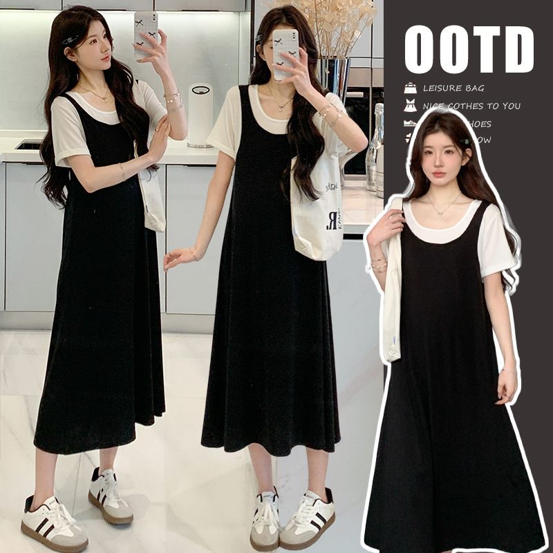 Maternity Summer Dress, Stylish and Discreet, Short-Sleeved, Fake Two-Piece, Beautiful Dress for Pregnant Women, Trendy Mom's New Style