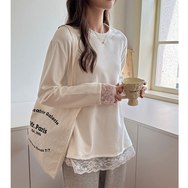 Carefully Selected White Lace Long-Sleeved T-Shirt for Women, Korean Style Lace Splicing Pure Desire Inner Layer with German Velvet Brushed Bottoming Shirt