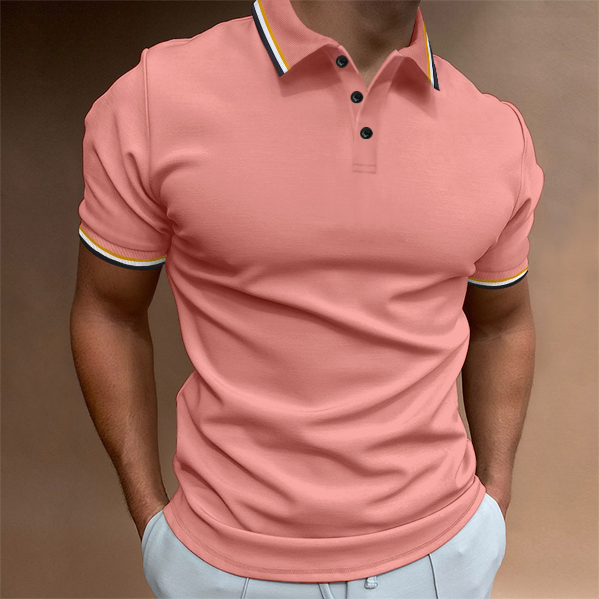 Nueva camisa de polo casual de los hombres de Amazon transfronteriza costilla solapa Botón de negocios de color sólido todo partido camiseta superior
