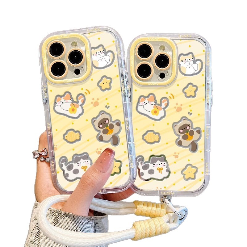 卡通星星猫咪苹果16手机壳iPhone15promax全包14镜面泡芙13挂绳12|undefined