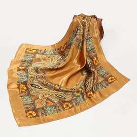 90cm缎绸丝巾女秋冬季复古民族风包头围巾腰果花百搭披肩大方巾