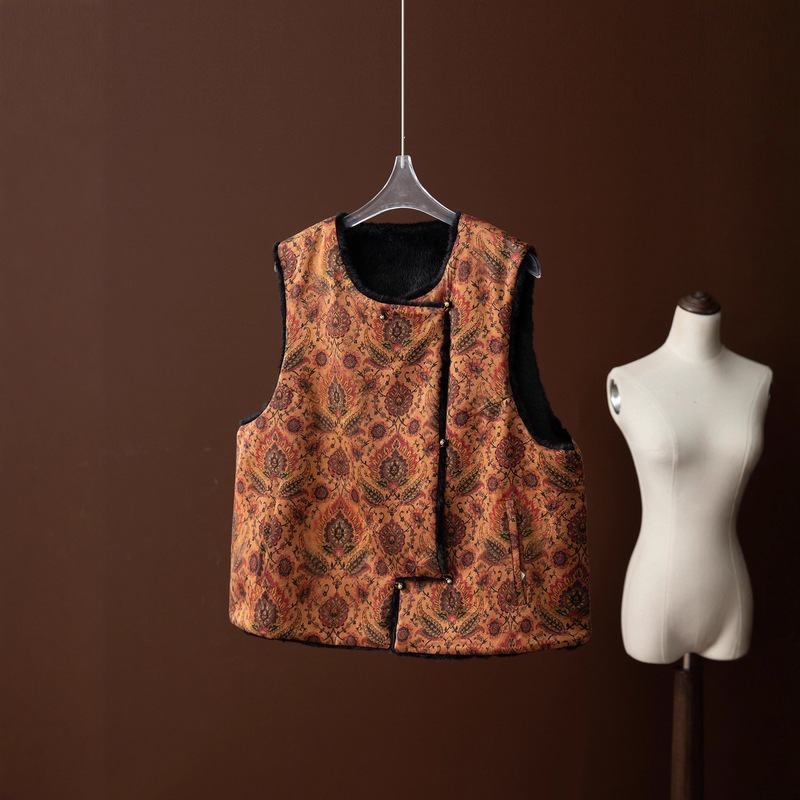 High-End Reversible 100% Mulberry Silk Jacquard Xiangyun Silk Warm Thickened Vest with Mink Fur in Chinese Style