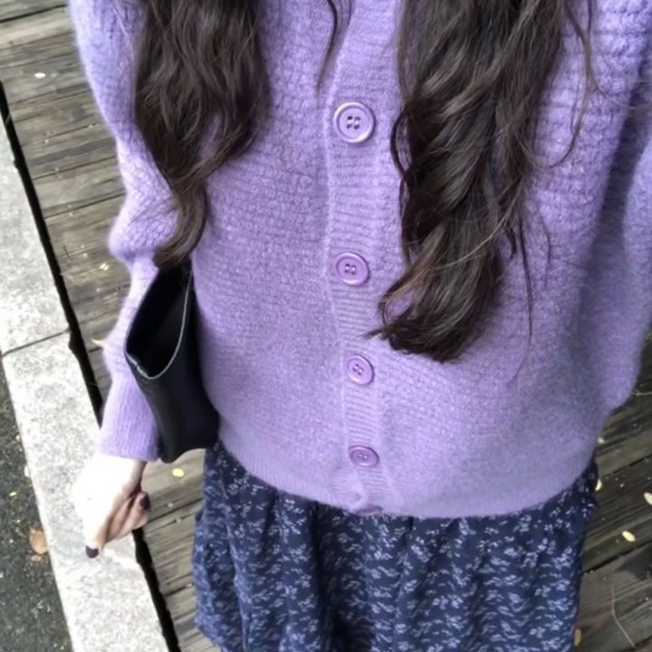 早秋甜美温柔风紫色针织开衫外套高腰碎花半身长裙女学生两件套装|undefined