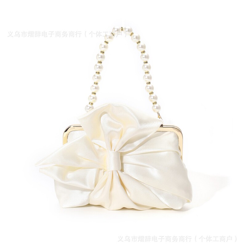 French 2025 European and American Cross-border Explosive Satin Bow Dress Bag High-end Pearl Portable Evening Bag