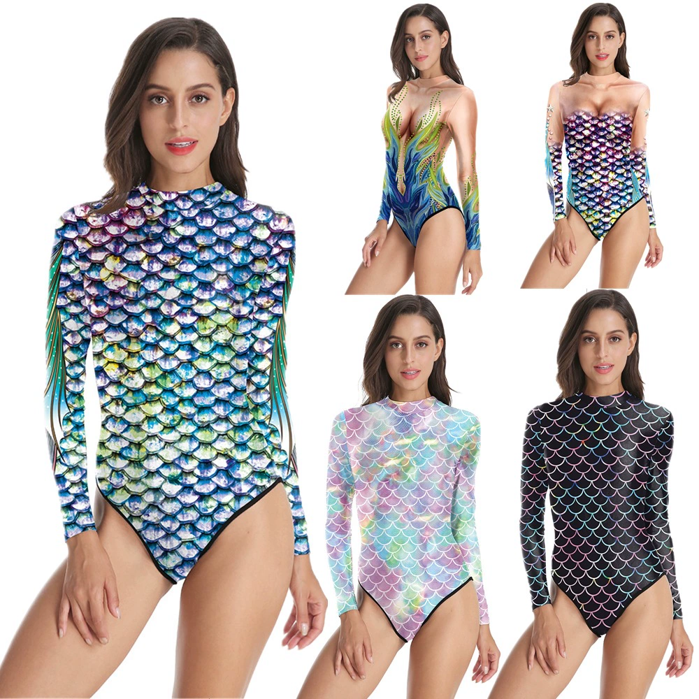 Европейский и американский трансграничный весенний и летний горячий новый купальник русалки 3D цифровой принт рыбья чешуя женский купальник с длинными рукавами