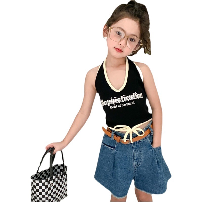 Niñas Halter chaleco sin mangas base 2023 verano Ins ropa de los niños bebé niñas carta chica caliente estilo Sling corto top