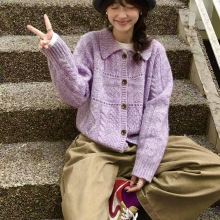 【秋日糯米糍】韩风软糯糯翻领针织开衫百搭显瘦长袖毛衣外套