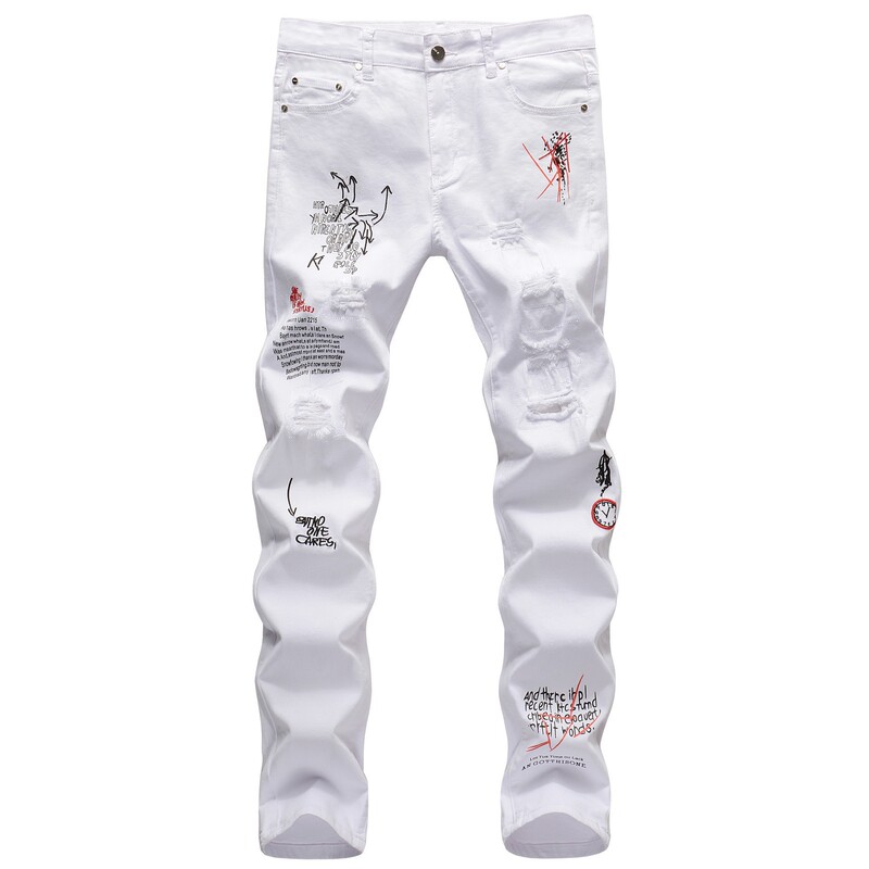 In-Stock High-End Ripped Embroidered Printed White Jeans for Men, Korean Style Trendy Slim-Fit Casual Men's Long Pants In-Stock High-End Ripped Embroidered Printed White Jeans for Men, Korean Style Trendy Slim-Fit Casual Men's Long Pants