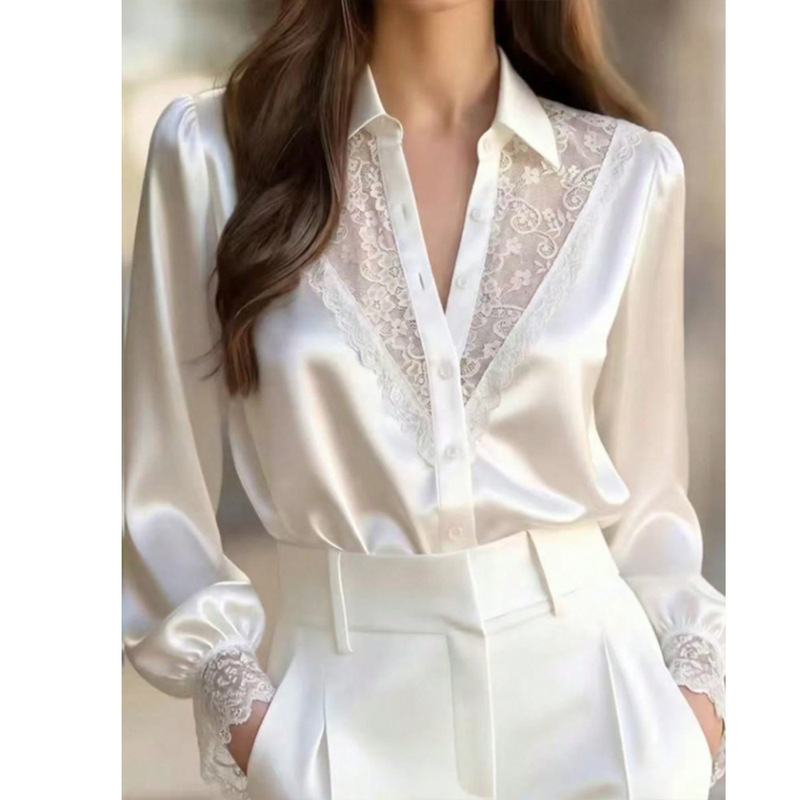 European and American high-end women's satin shirt with V-neck, lace splicing, long sleeves, and unique design