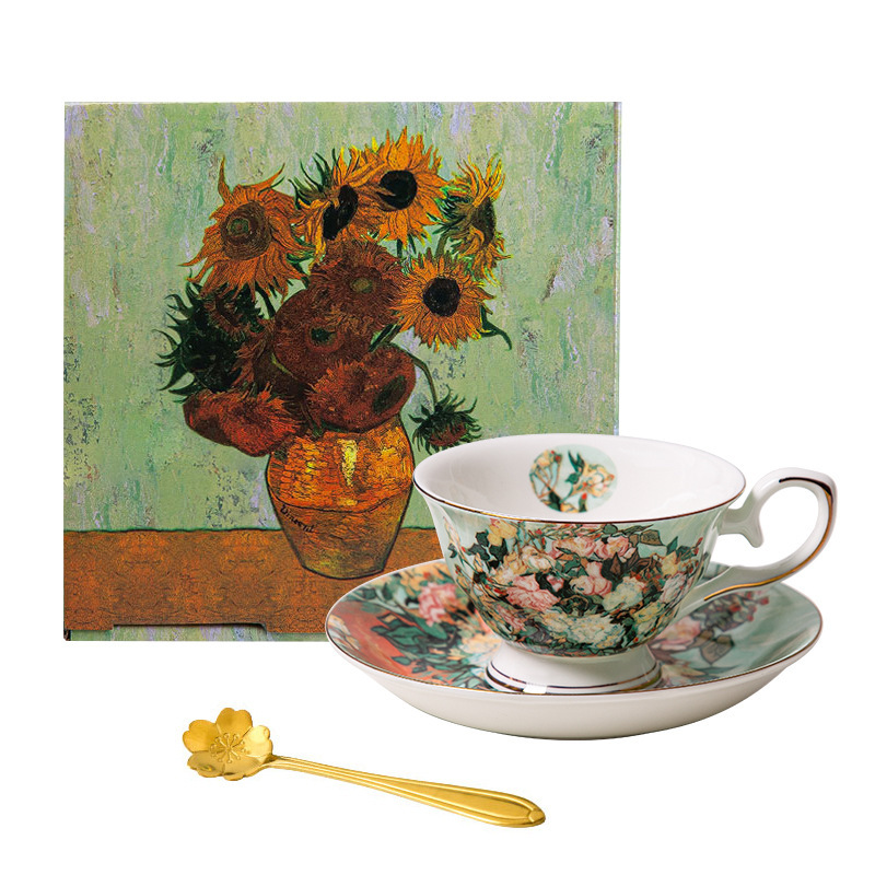 Export Van Gogh Starry Night Sunflower Creative Bone China Coffee Cup Ceramic Cup with Spoon Gift Box Factory Wholesale