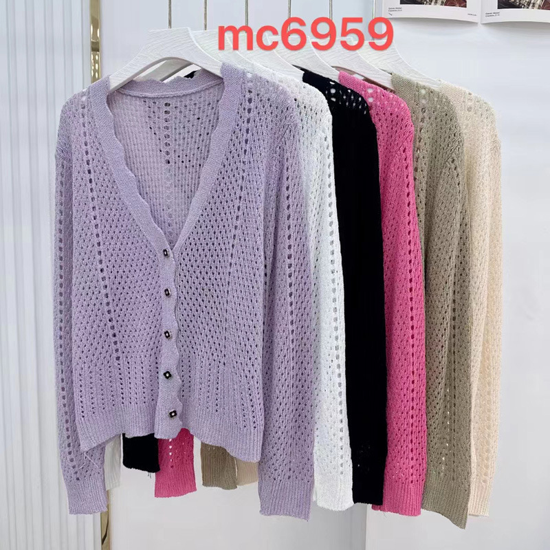 Korean Style New Summer V-Neck Long-Sleeved Blouse with Mesh Hollow-Out See-Through Knit Top, Loose Plus-Size Women's Top 6959